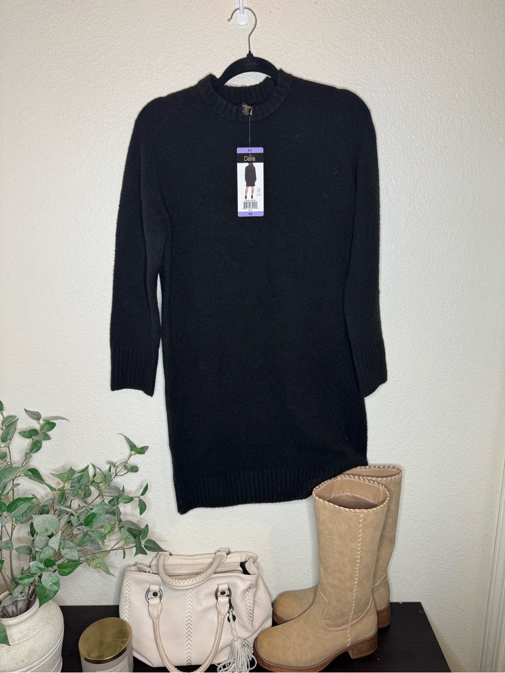 Dalia Black Long-Sleeve Knit Sweater Dress